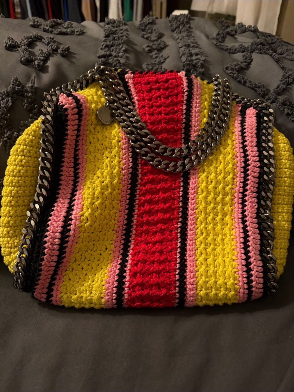 Stella McCartney Falabella Chain-Handle Crocheted Tote in Yellow, Red & Pink